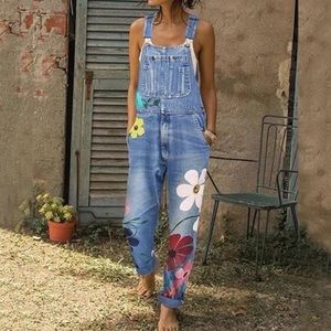 MISSLOOK Floral Denim Jumpsuit - Blue with Multicolor Flowers